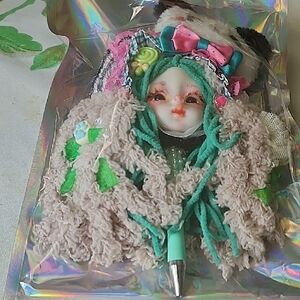 Handmade Plush Pen Topper with Teal & Beige Doll Design